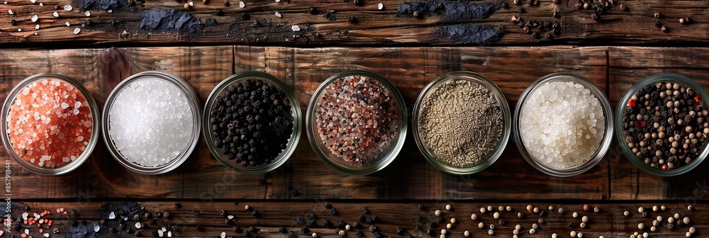 Poster A top-down view of various salts and peppers in glass jars and bowls on a rustic wooden surface. Generative AI