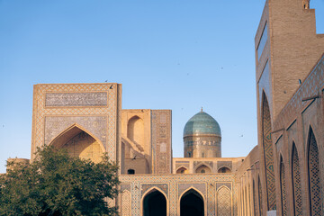 A building with a blue dome and a tree in front of it. The building is old and has a lot of detail