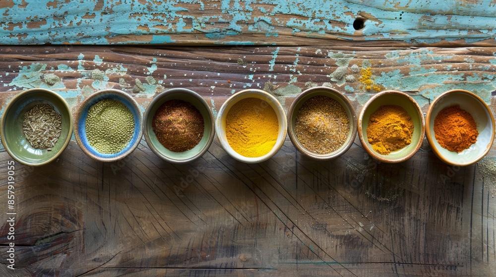 Poster A top-down view of colorful spices in ceramic bowls arranged on a rustic wooden surface. Generative AI