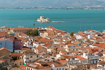 View of Nafplio town and Bourtzi island from Palamidi fortress. Nafplio is situated on the Argolic Gulf in the northeastern Peloponnese. Greece. Europe.