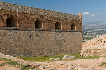 View of the Palamidi fortress that was built in 1711-1714 in Nafplio city. Nafplio is situated on the Argolic Gulf in the northeastern Peloponnese. Greece. Europe.