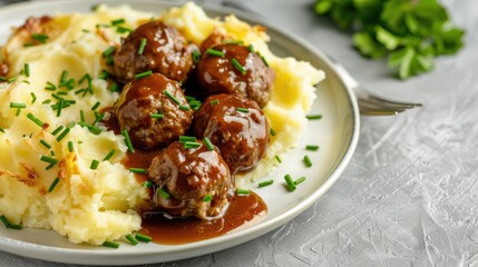 Naklejka premium A close-up shot of a plate of homemade meatballs served on a bed of creamy mashed potatoes, garnished with fresh parsley