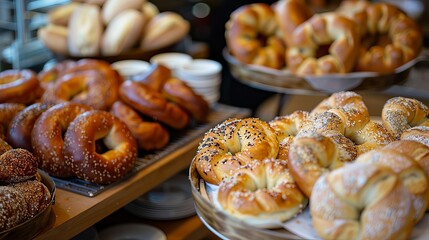Assortment of bagels, bread, and pastries served at a breakfast buffet






