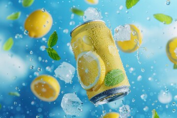 yellow blank drink can and slices of lemon, ice cubes flying in the air on blue background 