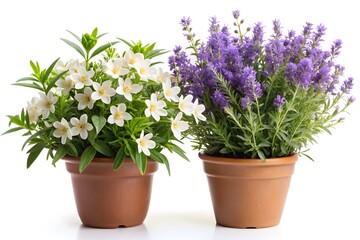 Fototapeta premium Two Pots With White Jasmine And Purple Lavender Flowers Isolated On White Background.