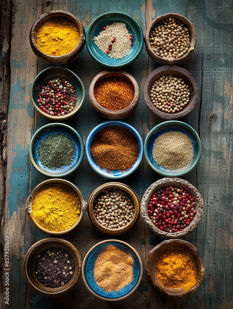 Poster A top-down view of various colorful spices in ceramic bowls arranged on a rustic wooden surface. Generative AI
