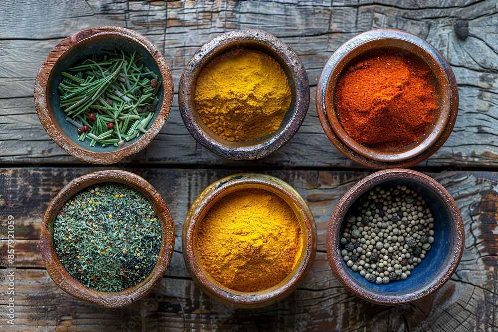 Poster A top-down view of various colorful spices in beautiful ceramic bowls arranged on a rustic wooden surface. Generative AI