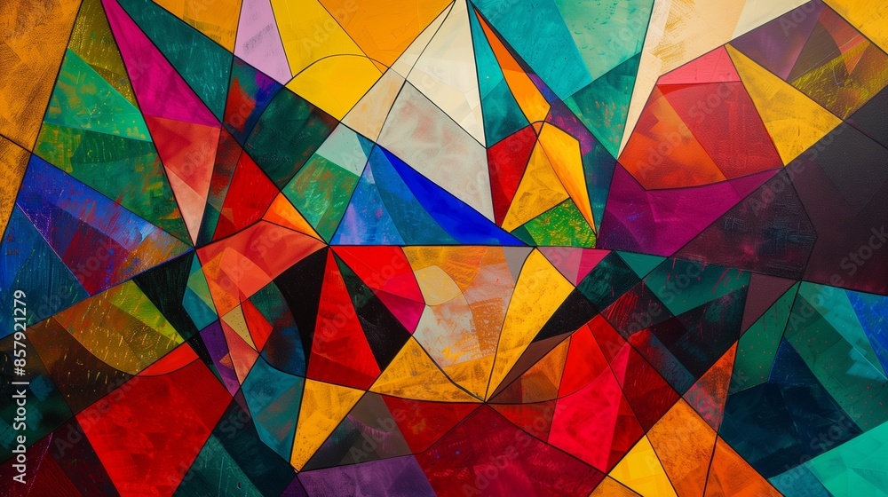 Poster abstract representation of a dynamic environment using vibrant geometric shapes and colors, showcasi