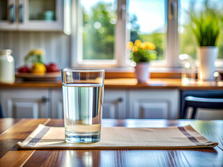 Glass of water on the kitchen table, kitchen background.