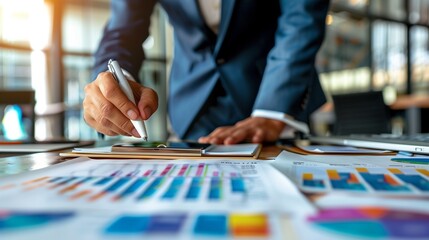 Corporate auditor reviewing sustainability reports in a modern office. ESG reporting and business analysis concept with focus on sustainability and corporate governance.