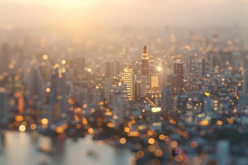 A cityscape with a skyscraper bokeh style background