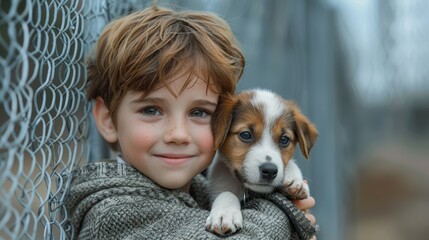 A young boy cradles a small, sad-looking puppy in his arms at an animal shelter