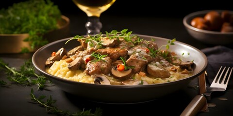 Creamy veal stew with white wine mushrooms served in a dish. Concept Veal stew, White wine, Creamy, Mushrooms, Savory dish
