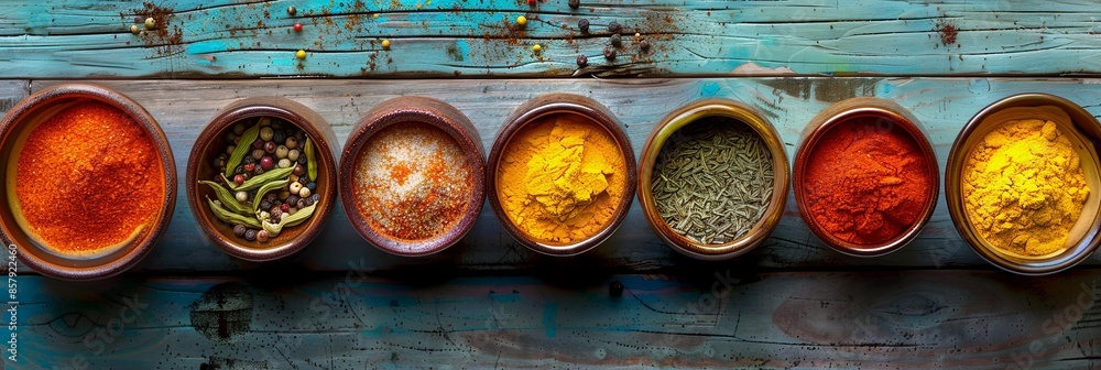 Poster A top-down view of various spices arranged in ceramic bowls on a rustic wooden surface. Generative AI
