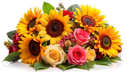 Naklejka premium Bright Sunflowers And Roses Bouquet Isolated On White Background