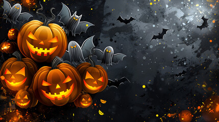 Halloween scary glowing orange pumpkins and flying bats on a dark night sky. Holiday Halloween banner. Copy space.