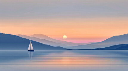 Morning seascape with a sailing boat, mountains and pink sky. Seascape, environment concept. Sailor's Day. Copy space.