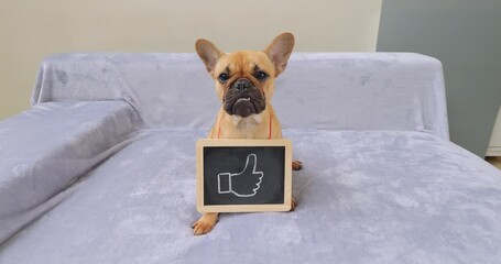 Young puppy sits on couch with chalk-drawn thumbs-up sign. Adorable doggy, with dewy eyes and perky ears, looks straight as if pleading for likes and subscriptions. Heartwarming and humorous moment
