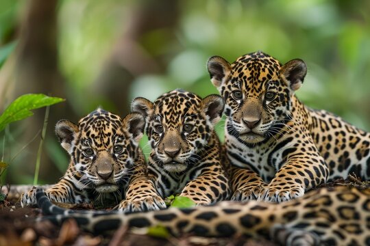 High quality portrait of a jaguar family  mother and two cubs in a heartwarming image