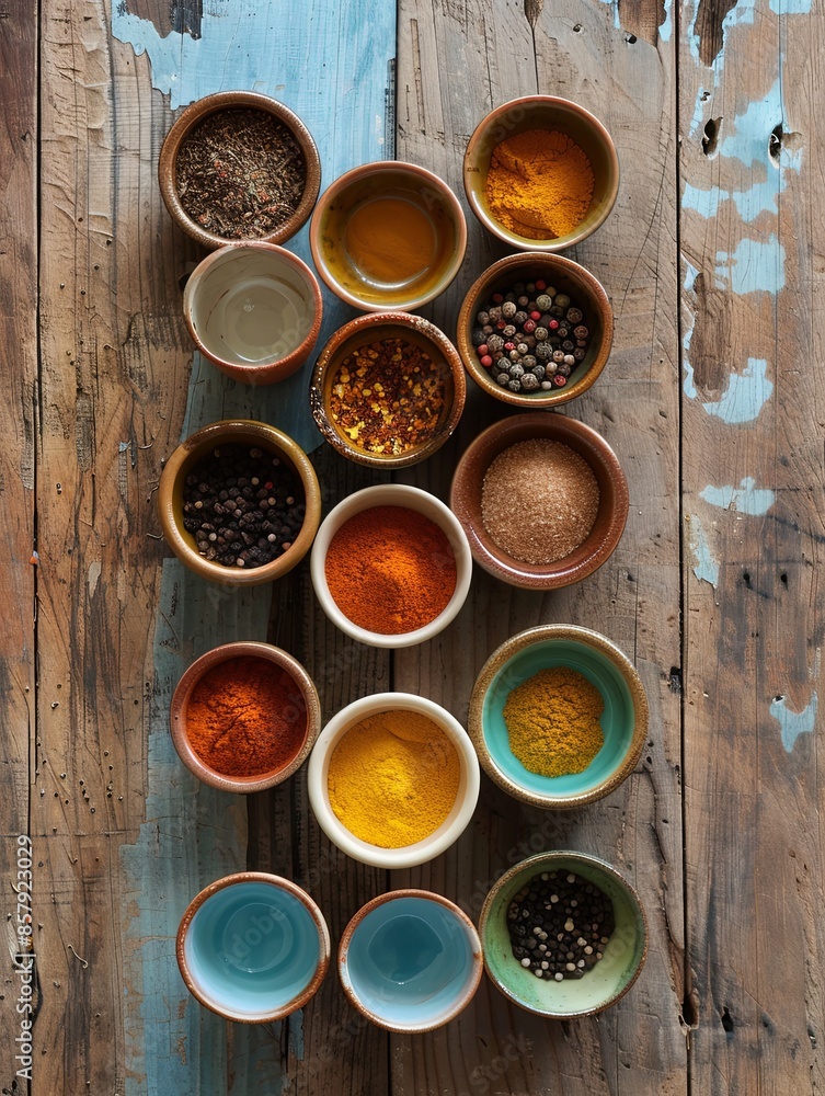 Poster a top-down view of an assortment of spices in small ceramic bowls arranged on a rustic wooden surfac