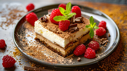 A freshly made slice of fast food vegan tiramisu with vibrant ingredients and rich flavors