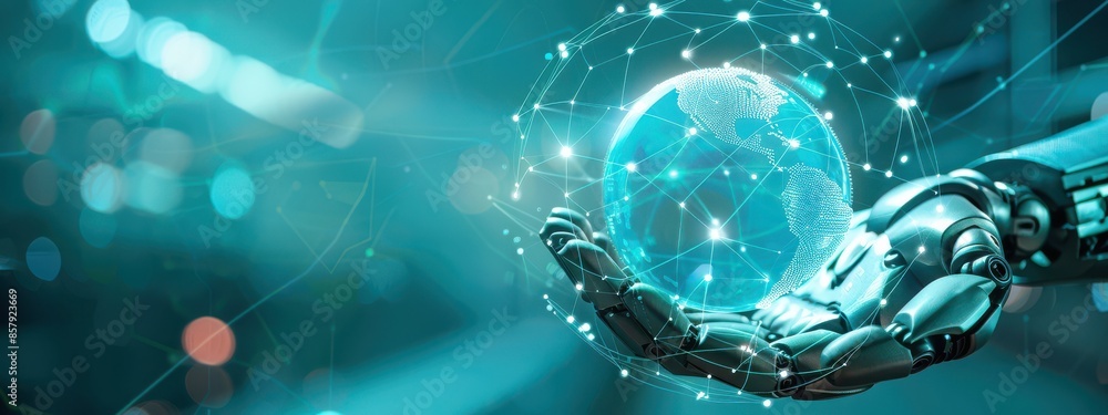 Poster metallic robotic hand gently holding a transparent globe. the globe should show digital networks con