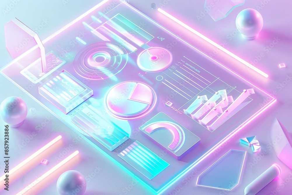 Poster minimalist retro futuristic ppt design with 3d elements and chart data comparison