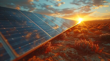 A close-up of solar panels in a desert, capturing the resilience of the technology against the stark, sandy environment, with sunlight casting reflections and shadows, hd quality, natural look --ar 16