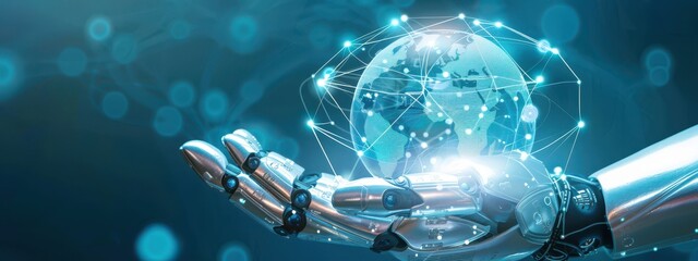 metallic robotic hand gently holding a transparent globe. The globe should show digital networks connecting different continents, set against a blue background.