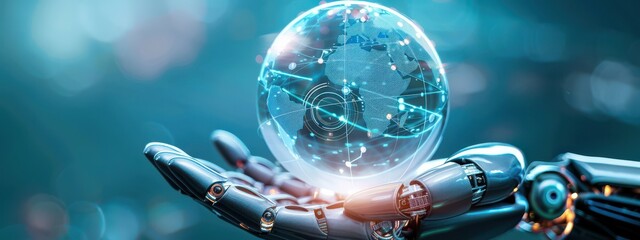 metallic robotic hand gently holding a transparent globe. The globe should show digital networks connecting different continents, set against a blue background.