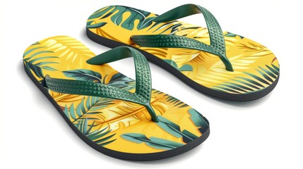 Flip flops in a yellow and green color scheme with a tropical print, funny theme, isolated, vibrant and detailed product image