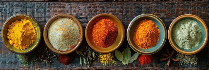A top-down view of colorful spices in ceramic bowls arranged on a rustic wooden surface. Generative AI