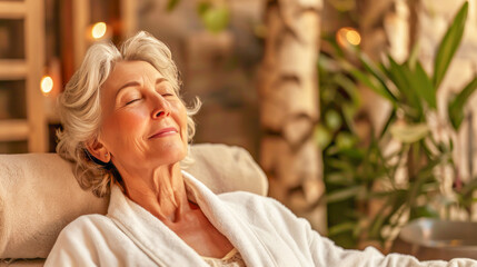 Senior woman peacefully relaxing in spa-like setting, basking in warm sunlight, with content expression. Concept of healthy aging, self-care, and enjoying golden years with grace and tranquility