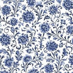 Fototapeta premium Elegant seamless blue floral pattern illustration on a pristine white background