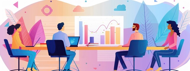 Digital Marketing Team: A diverse team of marketing professionals brainstorming around a table filled with laptops, charts, and graphs, symbolizing a successful marketing campaign.
