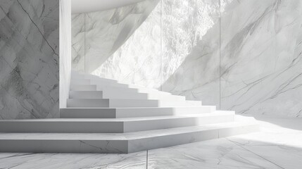 Fototapeta premium 3D render of an abstract white background featuring natural architectural stone textures. The scene includes an empty space background pattern with a conceptual wall and a platform.