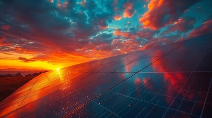 A close-up view of solar panels during sunset, capturing the warm glow of the sun, the sky filled with vibrant colors, and the detailed texture of the panels, in hd quality, natural look --ar 16:9 --v