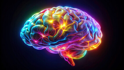 Colorful Neon Brain on Black Background: Ideal for Digital Art Projects with Copy Space