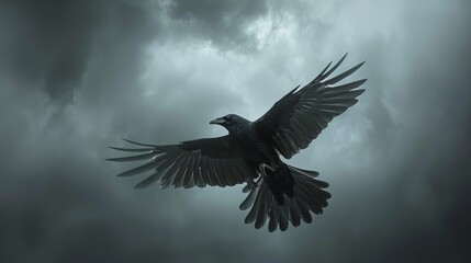 Fototapeta premium Flying blackbird with wings fully extended, stormy sky backdrop, viewed from below, raw style, powerful and dynamic