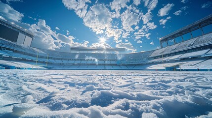 Football stadium blanketed in snow, blue sky and white clouds overhead, raw and vivid, pristine winter landscape