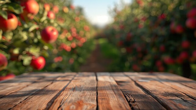 a close up of a rustic empty wooden table with blurred red apple field background