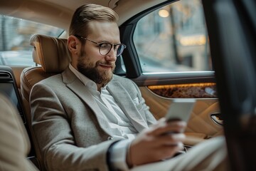 Stylish businessman messaging client in elegant car, using smartphone on rear seat - Powered by Adobe