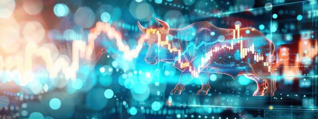 Fototapeta premium Double exposure of a Bull and bear collide with a cityscape and fluctuating stock charts, representing the volatility and dynamic nature of the stock market.