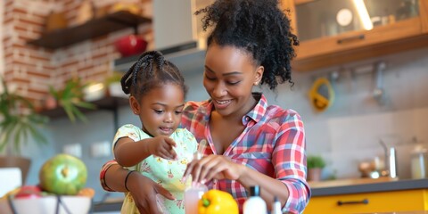 Fototapeta premium A mother and her children cook together, bonding over preparing a healthy family meal at home