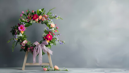 Funeral wreath of flowers with ribbon on wooden stand against grey background, space for text