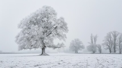 Fototapeta premium Frosty trees in a snowy field, capturing the essence of winter, peaceful and quiet, raw and vivid detail