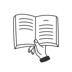 Hand Holding Open Paper Book Doodle Icon. Hand drawn reading knowledge education literature symbol. Isolated Vector illustration.