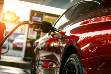 Red car refueling at gas station, closeup interior view with modern canon eos r5 camera