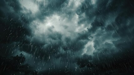 Dramatic dark storm clouds and heavy rain create an intense and moody atmosphere, depicting the powerful force of nature.