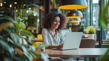 Smiling woman sitting and working in office